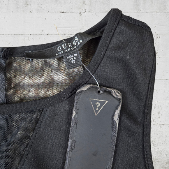 Guess Black Peplum Sleeveless Mesh USA Made Bodycon Classic Mini Dress Size XS - Picture 2 of 6